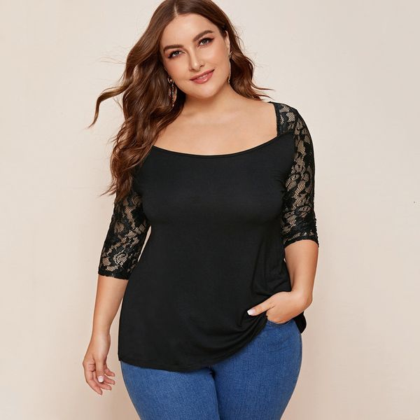 women's plus size tshirt elegant fashion contrast lace sleeve square neck solid black summer spring sheath tshirt blouse 6xl 230506
women's plus size tshirt elegant fashion contrast lace sleeve square neck solid black summer spring sheath tshirt blouse 6xl 230506
