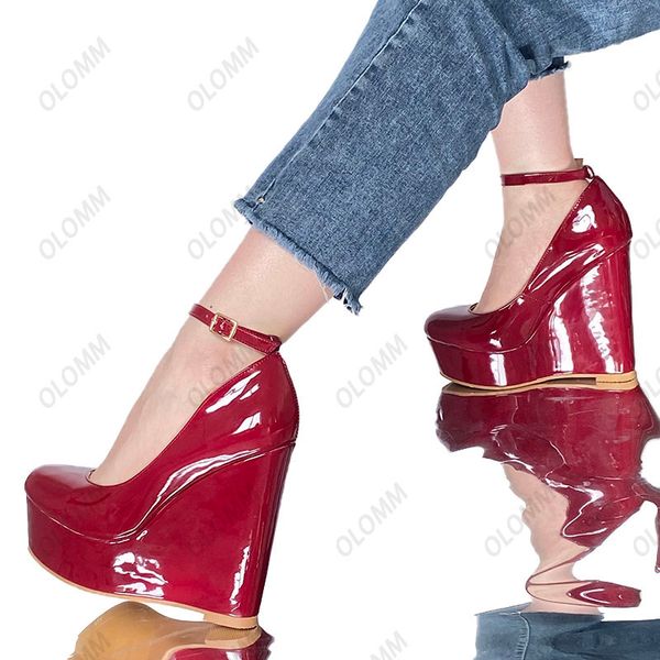olomm new arrival handmade women summer shiny pumps ankle strap wedges heels round toe black dress shoes size 35-52 
olomm new arrival handmade women summer shiny pumps ankle strap wedges heels round toe black dress shoes size 35-52
