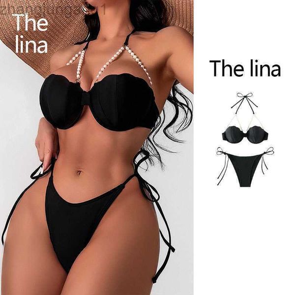 designer bikini 2023 new swimwear set solid neck hanging open back side lacing high waist shell bikini, White;black
designer bikini 2023 new swimwear set solid neck hanging open back side lacing high waist shell bikini, White;black