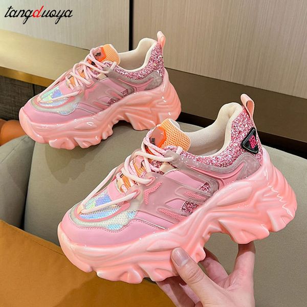 pink blue platform shoes sneakers women sneakers chunky breathable mesh casual shoes wedge heels platform shoes sports dad shoes, Black
