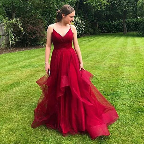 spaghetti strip a line prom dresses ruffles sweep train tulle formal long women plus size evening party gowns special occasion gowns, Black
spaghetti strip a line prom dresses ruffles sweep train tulle formal long women plus size evening party gowns special occasion gowns, Black