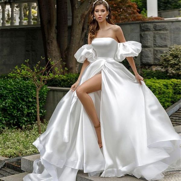 elegant a-line wedding dress removable puff sleeve high slit satin bridal gowns vestidos de novia custom made, White
elegant a-line wedding dress removable puff sleeve high slit satin bridal gowns vestidos de novia custom made, White