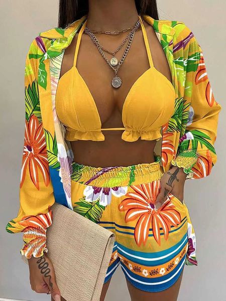 women's swimwear 2022 new yellow print high waist bikini sets swimsuit women lace up three pieces swimwear beachwear for bathing suit j, White;black
women's swimwear 2022 new yellow print high waist bikini sets swimsuit women lace up three pieces swimwear beachwear for bathing suit j, White;black
