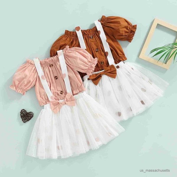 clothing sets toddler girl outfits set ruffle trim short sleeve plain off shoulder suspender love-heart printed mesh skirt, White
clothing sets toddler girl outfits set ruffle trim short sleeve plain off shoulder suspender love-heart printed mesh skirt, White