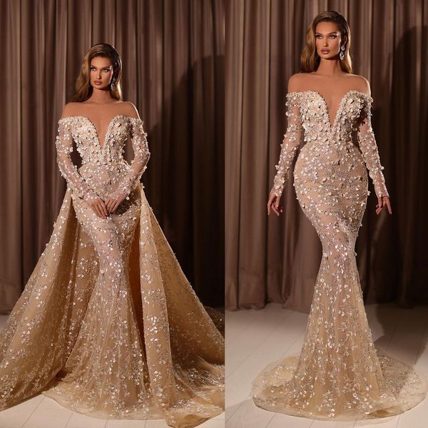 chic champagne mermaid wedding dresses off shoulder lace 3d appliques bridal gown custom made illusion wedding gowns, White
chic champagne mermaid wedding dresses off shoulder lace 3d appliques bridal gown custom made illusion wedding gowns, White