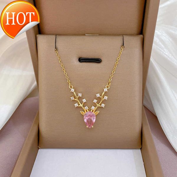 aesthetic elk necklace with pink crystal korean stainless steel chain christmas choker necklace jewelry, Silver
aesthetic elk necklace with pink crystal korean stainless steel chain christmas choker necklace jewelry, Silver