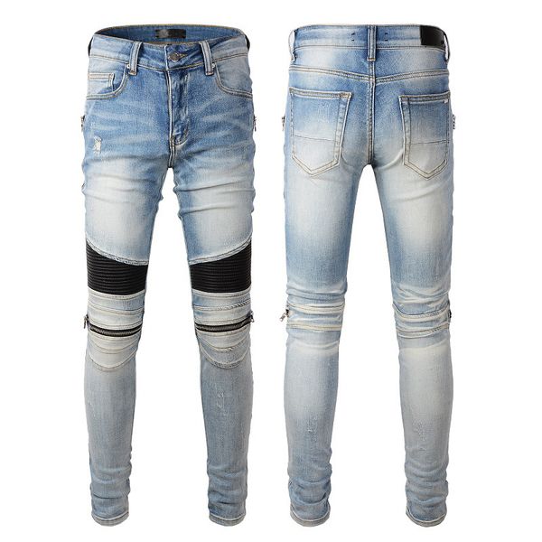 

Korea fashion amiryes men light blue slim splice washed straight zipper fly biker jeans