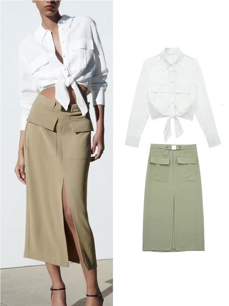 two piece dress traf fashion women solid skirts sets 2023 summer female elegant single breasted bow shirts midcalf aline with belt 230506, White
two piece dress traf fashion women solid skirts sets 2023 summer female elegant single breasted bow shirts midcalf aline with belt 230506, White