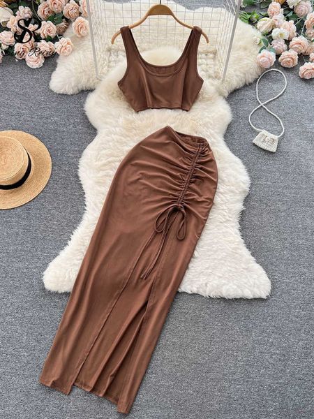 two piece dress singreiny split fashion two pieces suits summer mini camiselastic drstring slim midi long skirt sets women solid suits j2305, White
two piece dress singreiny split fashion two pieces suits summer mini camiselastic drstring slim midi long skirt sets women solid suits j2305, White