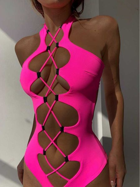 women's swimwear hollow out swimwear women 2022 high neck solid black cut out backless monokini bandage bathing suit holiday one piece, White;black