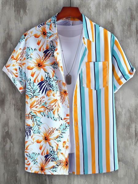 men's casual shirts men random colorful striped tropical print patched pocket shirt without tee 230506, White;black
men's casual shirts men random colorful striped tropical print patched pocket shirt without tee 230506, White;black