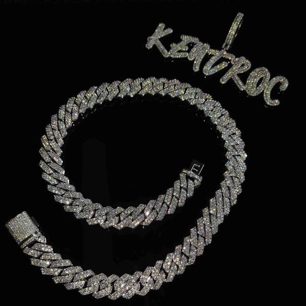 

14mm moissanite cuban chain hip hop miami prong cuban chain brass 925 silver iced out diamond bling necklace bracelet