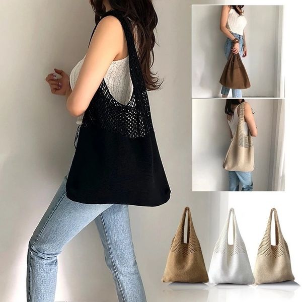 shopping bags trend women's crochet handbag retro knitted braid solid color hollow black yellow andle tote shopper 230506
shopping bags trend women's crochet handbag retro knitted braid solid color hollow black yellow andle tote shopper 230506