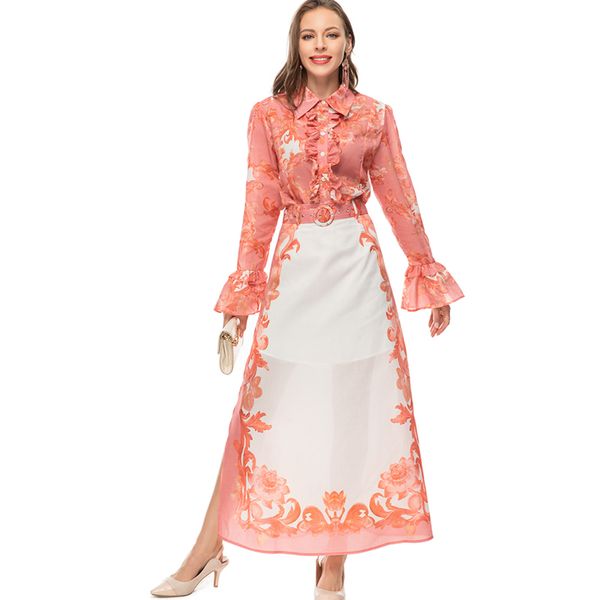 women's runway two piece dress turn down collar long sleeves shirt with printed pencil skirt twinset sets, White
women's runway two piece dress turn down collar long sleeves shirt with printed pencil skirt twinset sets, White