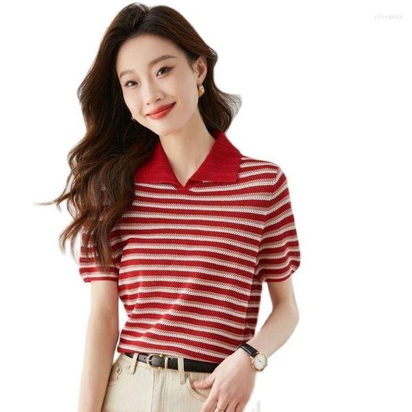 Women' T Shirts Female Knitted T-shirt Blouse Short Sleeve Lapel Cross Stripe Horizontal Stripes, Red
Women' T Shirts Female Knitted T-shirt Blouse Short Sleeve Lapel Cross Stripe Horizontal Stripes, Red