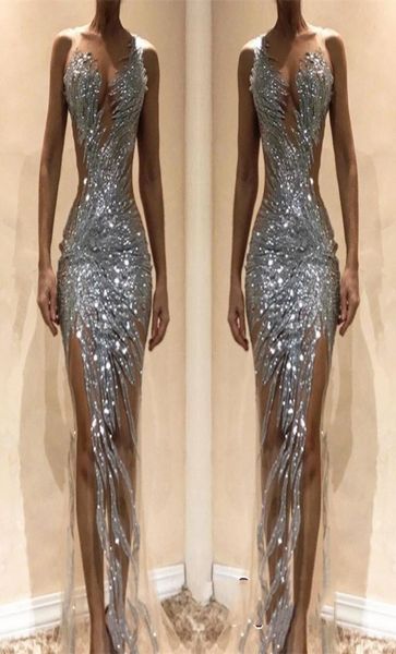 silver sequins beaded mermaid formal prom dresses 2019 custom made sleeveless sheer neck side split evening party gowns 2780099, Black;red
silver sequins beaded mermaid formal prom dresses 2019 custom made sleeveless sheer neck side split evening party gowns 2780099, Black;red