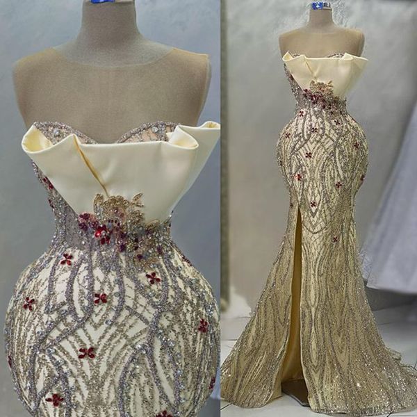 2023 may aso ebi sequined lace prom dress crystals mermaid gold evening formal party second reception birthday engagement gowns dress robe d, Black