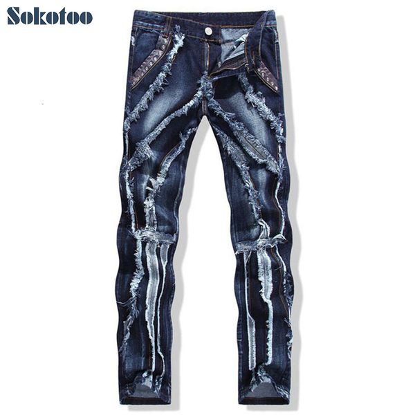 mens jeans sokotoo fashion patchwork spliced ripped jeans male personality leather rivet slim straight denim pants 230506, Blue
mens jeans sokotoo fashion patchwork spliced ripped jeans male personality leather rivet slim straight denim pants 230506, Blue