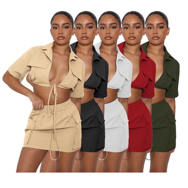 two piece dress echoine solid turn down collar lace up short sleeve crop pocket hight waist mini skirt tracksuit two piece set cargo outfits, White
two piece dress echoine solid turn down collar lace up short sleeve crop pocket hight waist mini skirt tracksuit two piece set cargo outfits, White