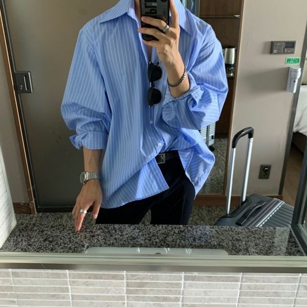 men's casual shirts white blue striped men fashion social mens dress south korean loose long sleeve oversized 230506, White;black
men's casual shirts white blue striped men fashion social mens dress south korean loose long sleeve oversized 230506, White;black