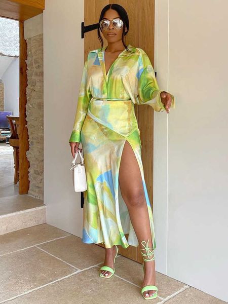 two piece dress tie dye print satin sets womens outfits long sleeve oversized shirt and high waist tie front slit long skirt two piece set w, White 
two piece dress tie dye print satin sets womens outfits long sleeve oversized shirt and high waist tie front slit long skirt two piece set w, White