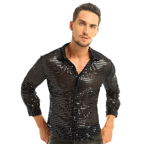 men's casual shirts men slim fit shiny gold sequins see through mesh prom night club wear disco dance performance 230506, White;black
men's casual shirts men slim fit shiny gold sequins see through mesh prom night club wear disco dance performance 230506, White;black