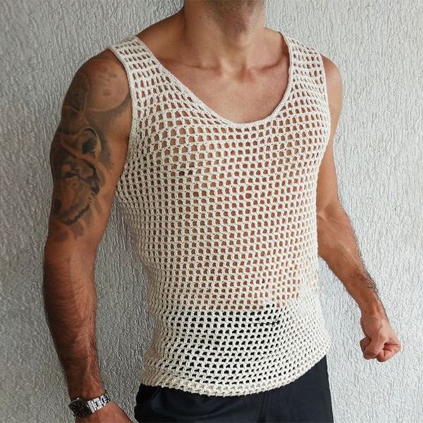 men' tank 2023 spring summer fashion hollow see through clothes sleeveless o neck vest men streetwear casual camisole 230506, White;black
men' tank 2023 spring summer fashion hollow see through clothes sleeveless o neck vest men streetwear casual camisole 230506, White;black
