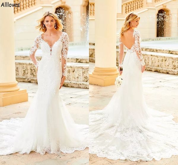 long sleeved v neck mermaid wedding dresses for women plus size open back lace appliqued bride gowns boho garden court train reception robes, White
long sleeved v neck mermaid wedding dresses for women plus size open back lace appliqued bride gowns boho garden court train reception robes, White