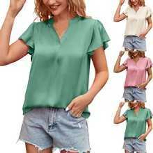2023 summer new line women's satin v-neck ruffle sleeve fashion office work top, White
2023 summer new line women's satin v-neck ruffle sleeve fashion office work top, White