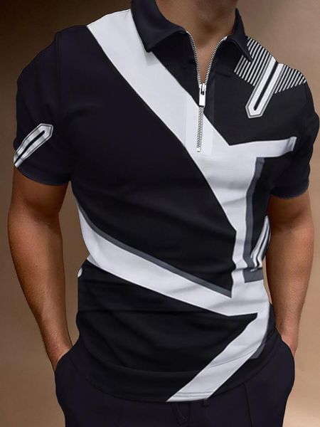 

men's polos men polo shirts summer casual daily short sleeve striped mens shirts turn-down collar zippers tees men 230508, White;black