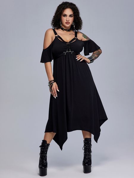 plus size dresses roseagl size gothic black pu leather strap rings cold shoulder dress summer asymmetrical anklelength vestidos 230506
plus size dresses roseagl size gothic black pu leather strap rings cold shoulder dress summer asymmetrical anklelength vestidos 230506