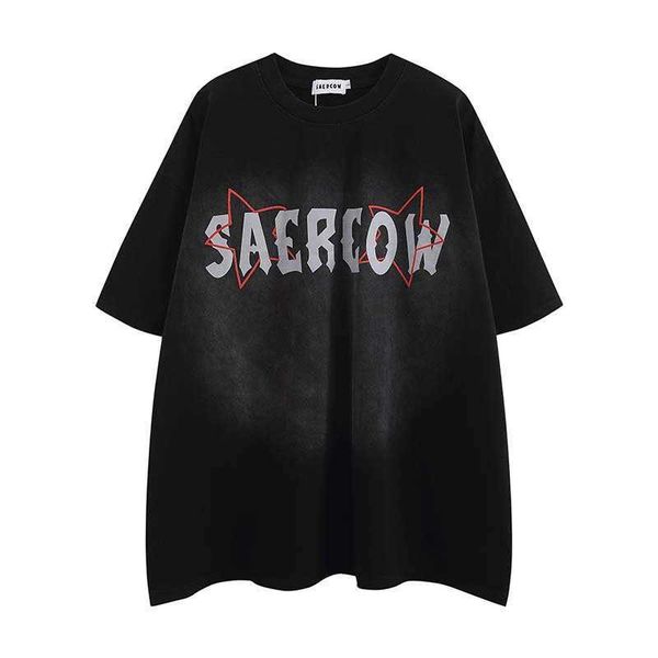 street spray wash pentagram letter printing short sleeved t-shirt men's fashion label loose bottoming shirt, Black;white
street spray wash pentagram letter printing short sleeved t-shirt men's fashion label loose bottoming shirt, Black;white