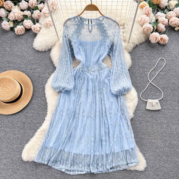 retro french lantern sleeves dress spring/summer lace mesh long sleeves small style design feel light luxury style dress, Black;gray
retro french lantern sleeves dress spring/summer lace mesh long sleeves small style design feel light luxury style dress, Black;gray