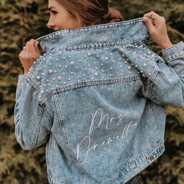women's jackets personalized statement denim bridal jacket custom name pearl detailing mrs jacket custom date placement on collar bride, Black;brown
women's jackets personalized statement denim bridal jacket custom name pearl detailing mrs jacket custom date placement on collar bride, Black;brown