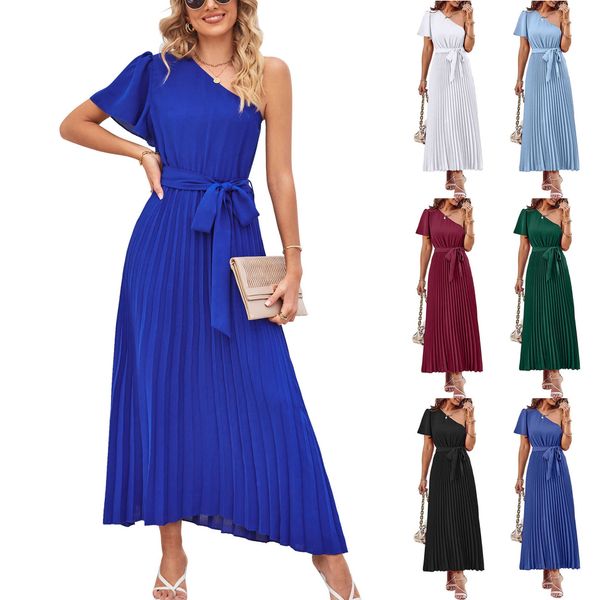 women summer solid color pleated dress belt decor one shoulder diagonal collar high waist slim long evening vintage, Black;gray
women summer solid color pleated dress belt decor one shoulder diagonal collar high waist slim long evening vintage, Black;gray