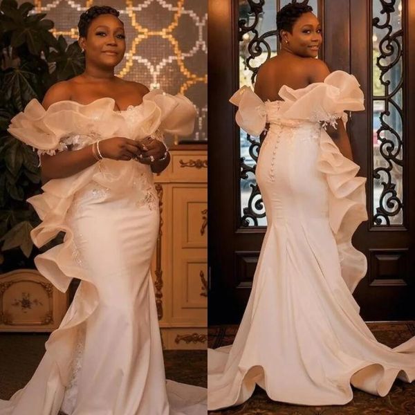 modern mermaid wedding dresses arabic off shoulder plus size aso ebi bridal gowns beaded ruffles vestido de novia, White
modern mermaid wedding dresses arabic off shoulder plus size aso ebi bridal gowns beaded ruffles vestido de novia, White