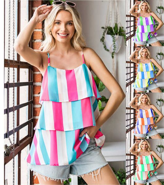 women's 2023 summer new strap tank stripe print pleated layered women, White
women's 2023 summer new strap tank stripe print pleated layered women, White