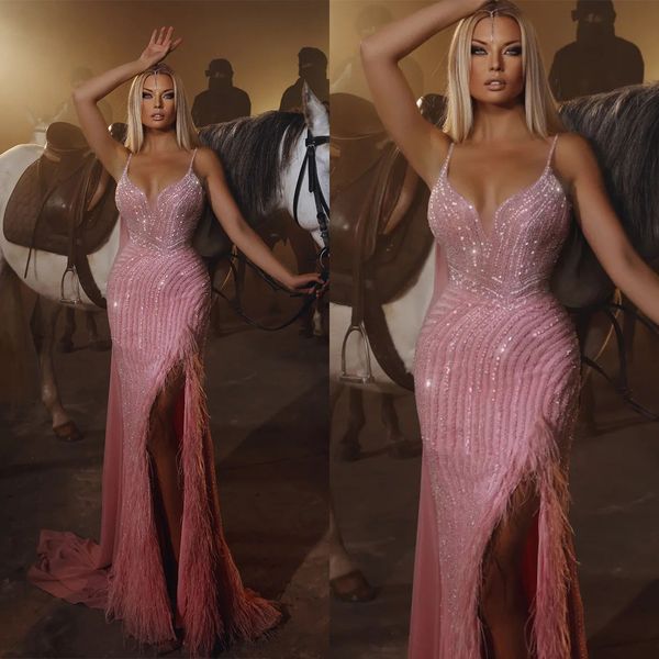 gorgeous mermaid prom dresses spaghetti shining sequins applicants side split feathers floor length custom made plus size party dress vestid, Black
gorgeous mermaid prom dresses spaghetti shining sequins applicants side split feathers floor length custom made plus size party dress vestid, Black