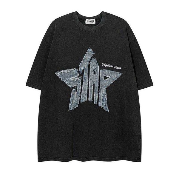 american street wash star patch embroidered round neck short sleeve t-shirt men's fashion brand loose bottom top, Black;white
american street wash star patch embroidered round neck short sleeve t-shirt men's fashion brand loose bottom top, Black;white