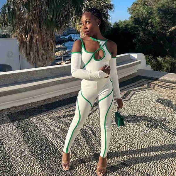 2022 women's stripe contrast color inexpensive color suspender long sleeve tight personality street fashion one-piece small leg pants, White
2022 women's stripe contrast color inexpensive color suspender long sleeve tight personality street fashion one-piece small leg pants, White