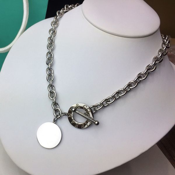 designer monogrammed titanium steel round tag pendant necklace with non tarnish ot clasp couple thick chain lock necklace, Silver
designer monogrammed titanium steel round tag pendant necklace with non tarnish ot clasp couple thick chain lock necklace, Silver