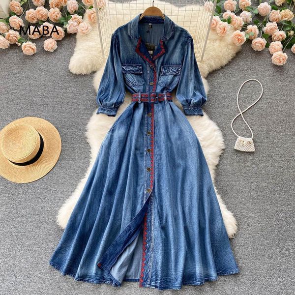 dresses vintage denim dress women 2022 spring summer notched neck high waist designer single breasted jeans long dress high quality, Black;gray
dresses vintage denim dress women 2022 spring summer notched neck high waist designer single breasted jeans long dress high quality, Black;gray