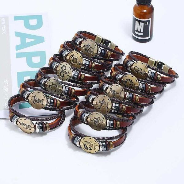 12 constellation cattle leather strand bracelet ornament hand woven beads vintage, Black
12 constellation cattle leather strand bracelet ornament hand woven beads vintage, Black