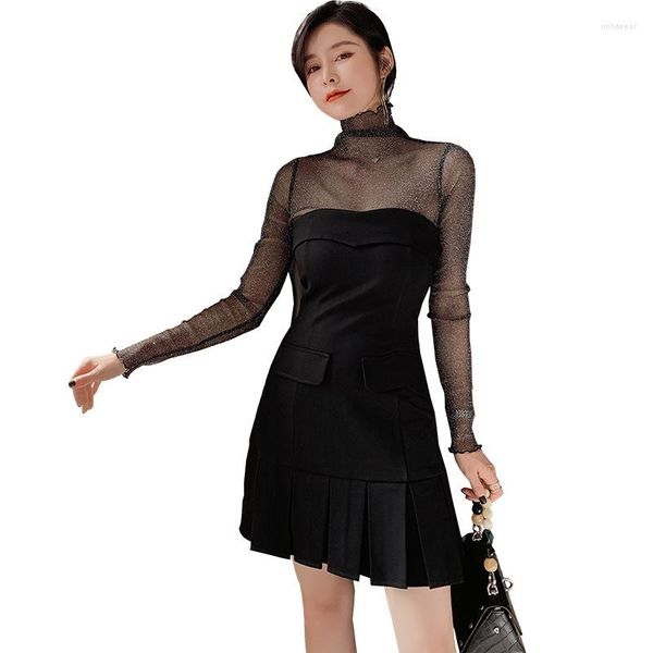 work dresses elegant office ladyparty women suits 2 piece set black mesh long sleeve and slash neck pleated dress tow, White;black
work dresses elegant office ladyparty women suits 2 piece set black mesh long sleeve and slash neck pleated dress tow, White;black