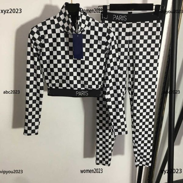 designer tracksuits summer yoga exercise set 2pcs black and white plaid standing neck long sleeved tight fitting clothes and leggings, Gray
designer tracksuits summer yoga exercise set 2pcs black and white plaid standing neck long sleeved tight fitting clothes and leggings, Gray