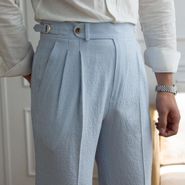 blazers summer seersucker high waist straight pants british petty bourgeoisie blue stripe italian casual trousers men pantalones hombre, White;black
blazers summer seersucker high waist straight pants british petty bourgeoisie blue stripe italian casual trousers men pantalones hombre, White;black