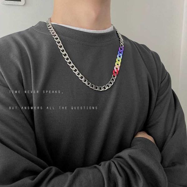 fashion brand simple necklace men's and women's same hip hop style color matching rainbow titanium steel non fading cuban thick ch, Silver
fashion brand simple necklace men's and women's same hip hop style color matching rainbow titanium steel non fading cuban thick ch, Silver