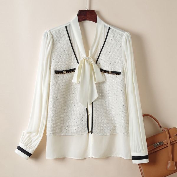 2023 ivory / black contrast color ribbon tie bow silk blouse shirt long sleeve v-neck panelled single-breasted soie shirts r3w057788, White
2023 ivory / black contrast color ribbon tie bow silk blouse shirt long sleeve v-neck panelled single-breasted soie shirts r3w057788, White