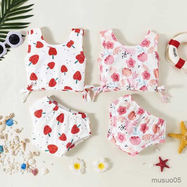 two-pieces toddler baby girls swimsuit cute strawberry/flower beach bikini shorts summer toddler two-pieces swimwear bathing suit, Blue
