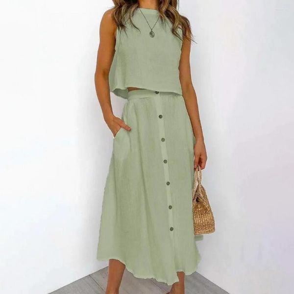 Work Dresses Summer 2Pcs/Set Side Pockets O-neck Single Breasted Casual Outfit Solid Color Short Vest Midi Skirt Set Female Clothing, Blue 
Work Dresses Summer 2Pcs/Set Side Pockets O-neck Single Breasted Casual Outfit Solid Color Short Vest Midi Skirt Set Female Clothing, Blue